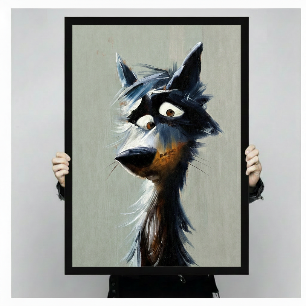 Framed canvas art print of cartoon wolf with tousled dark fur and wide amber eyes on neutral background, held up showing full artwork detail and black frame