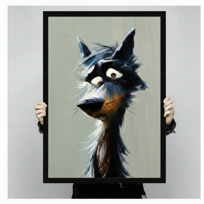 Framed canvas art print of cartoon wolf with tousled dark fur and wide amber eyes on neutral background, held up showing full artwork detail and black frame