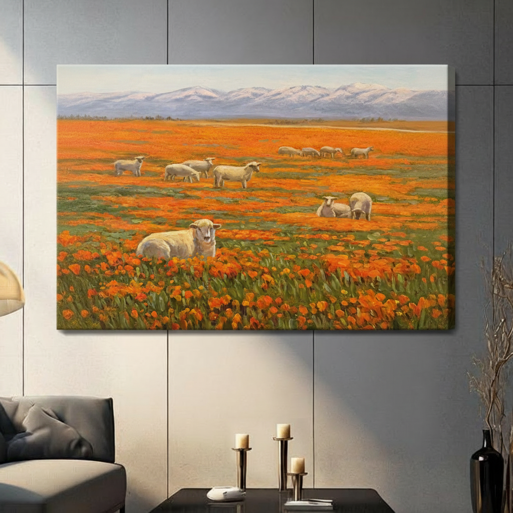 Unframed stretched canvas print of white woolly sheep scattered across a vibrant orange California poppy meadow with blue-purple snow-capped mountains in the background in realistic pastoral oil painting style