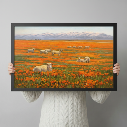 Person holding a large black framed sheep in poppy field canvas art print showing print size scale and detailed oil painting texture of white sheep grazing among orange poppies with snow-capped mountain backdrop