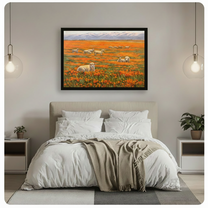 Framed realistic pastoral oil painting of white sheep grazing in an orange poppy flower field with distant snow-capped mountains canvas wall art hung above an upholstered bed with white bedding in a modern bedroom with globe pendant lights