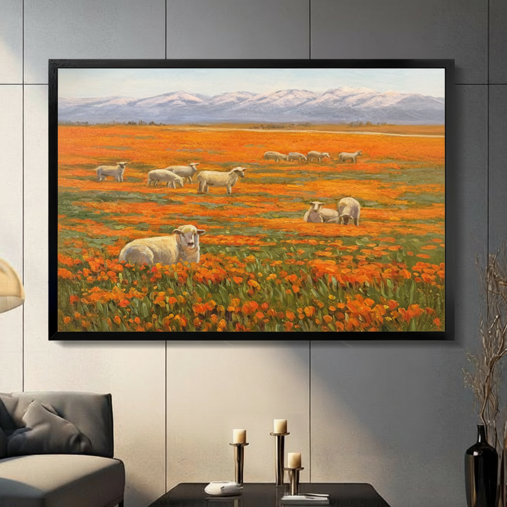 Framed realistic oil painting canvas wall art of a white sheep flock grazing in a vast orange poppy flower field with snow-capped mountains on the horizon displayed on a dark grey slate wall in a modern living room with black candle holders