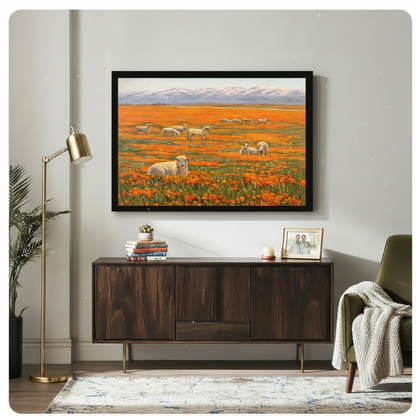 Black framed realistic oil painting of a white sheep flock in a sweeping orange poppy meadow with blue snow-capped mountains on the horizon canvas wall art above a dark walnut sideboard in an eclectic living room with gold floor lamp and olive armchair