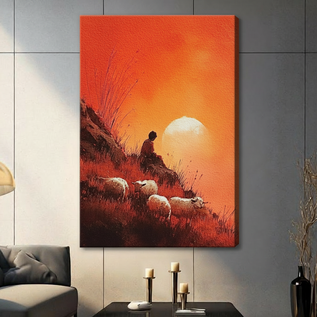 Shepherd and sheep at golden sunset canvas print — unframed wall art displayed in a contemporary dark living room