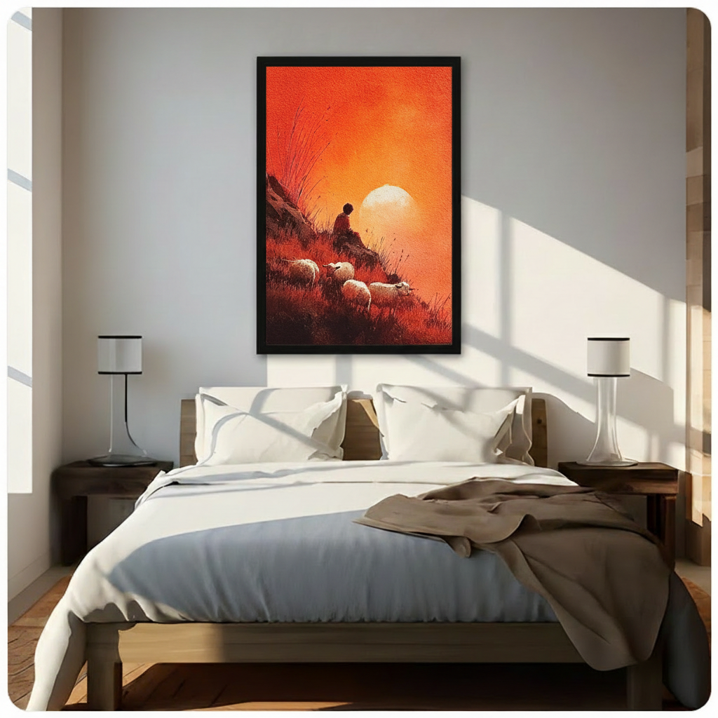 Framed shepherd sheep sunset wall art above a wooden bed — warm orange canvas print for bedroom decor