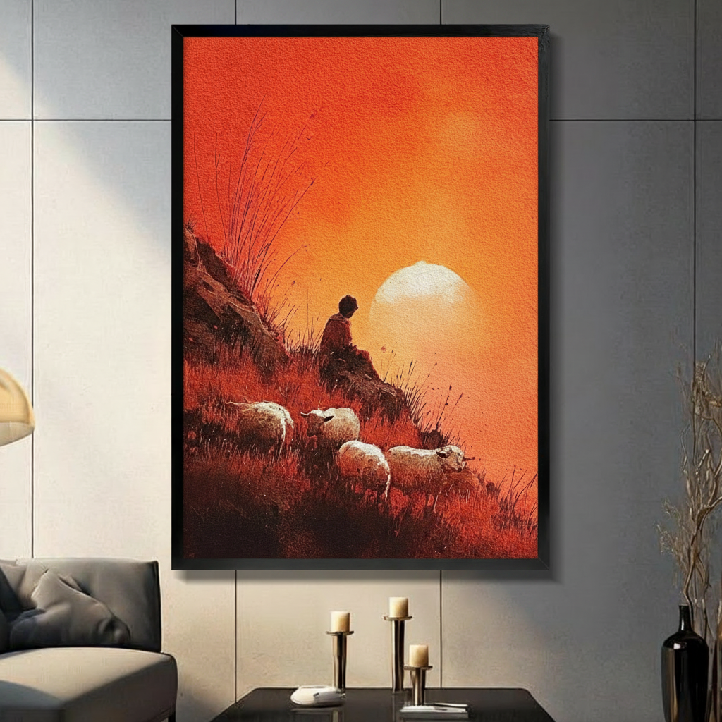Shepherd silhouette watching sheep on a red sunset hillside — framed canvas wall art in a moody dark living room