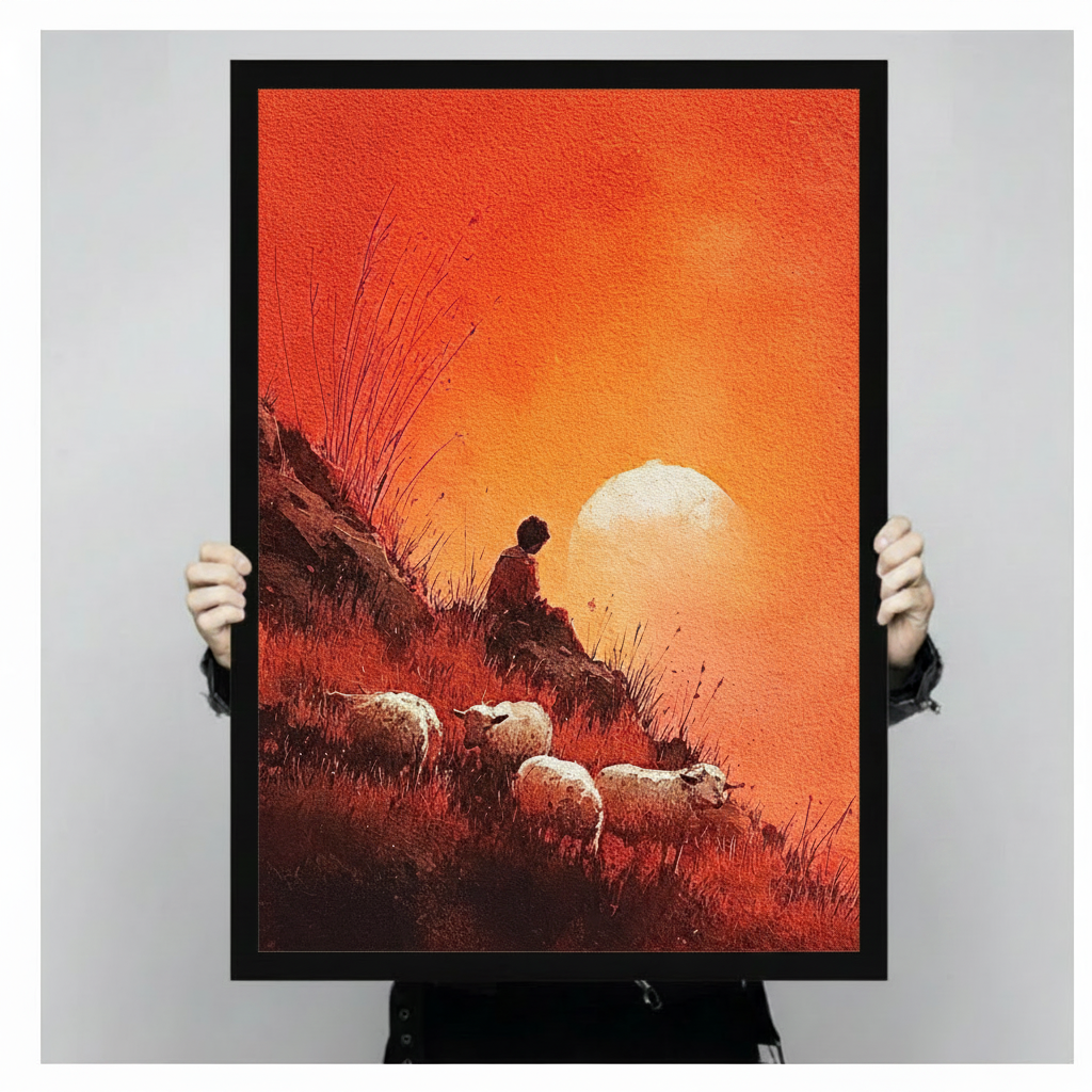 Person holding a framed shepherd and sheep red sunset canvas print — close-up product shot of pastoral wall art