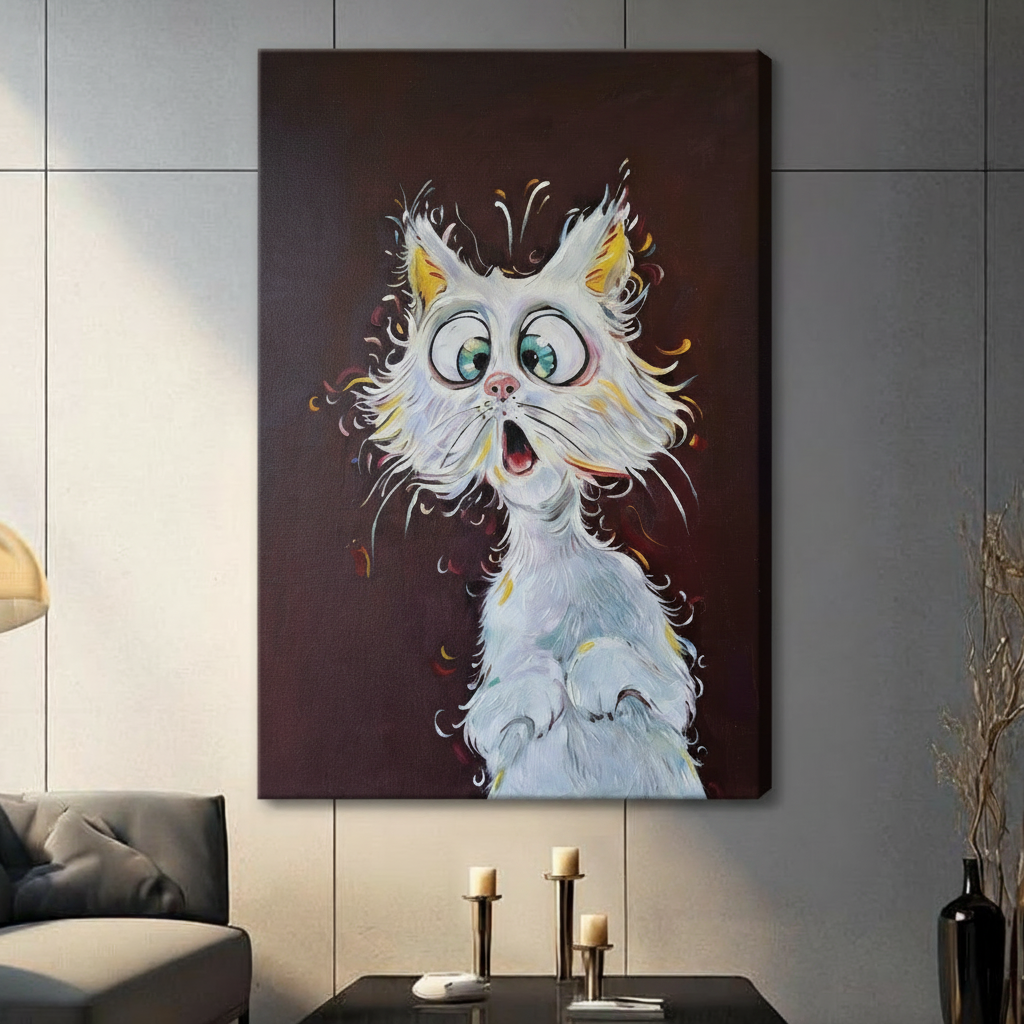 Expressive thick impasto oil painting of a startled fluffy white long-haired cat with huge round blue-green eyes bright yellow ears a tiny pink nose and a wide open mouth its messy fur spiking outward with warm golden accent strokes against a rich dark burgundy-brown background humorous cat wall art stretched canvas print hanging in a contemporary living room with dark gray tiled wall
