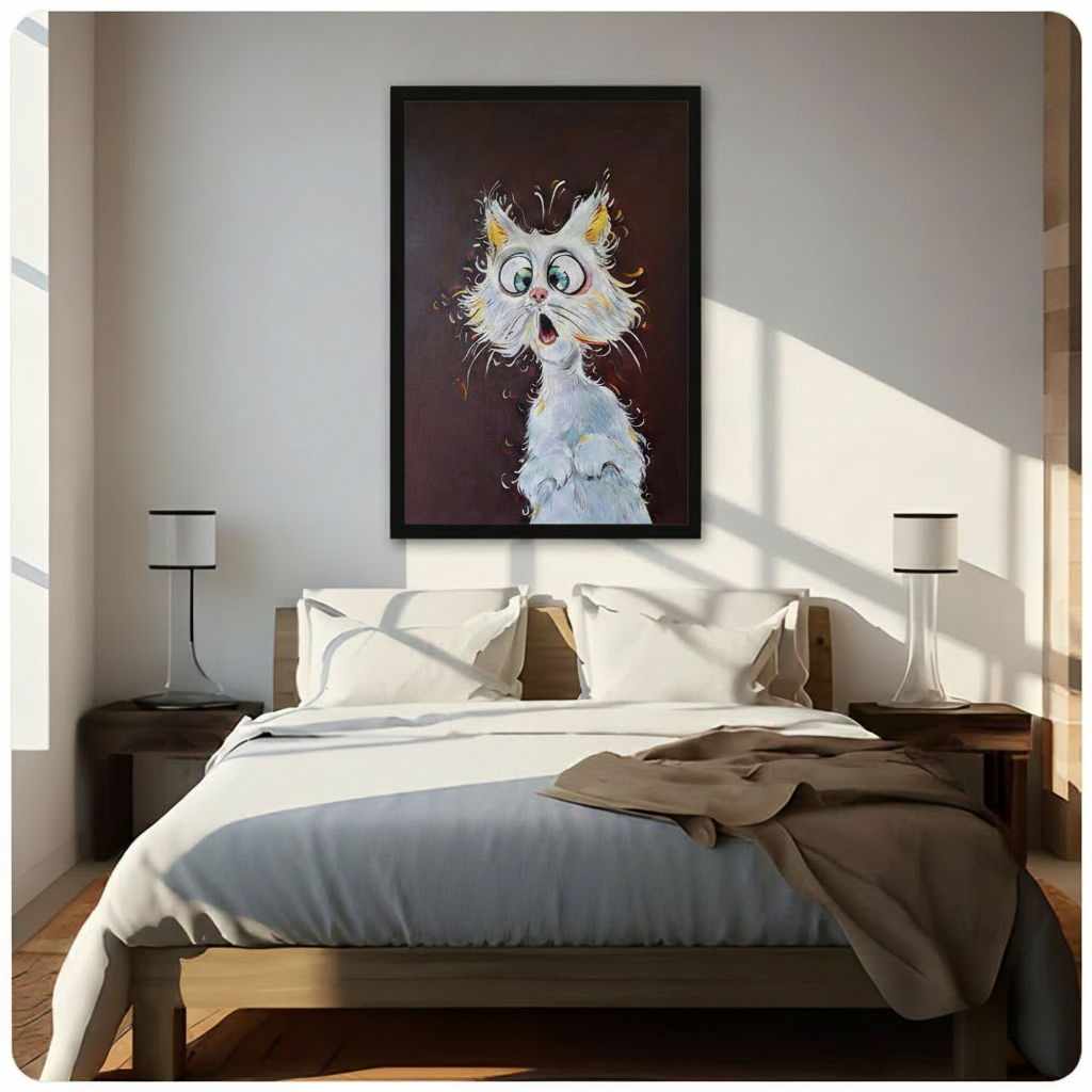 Humorous impasto oil painting of a fluffy white long-haired cat with enormous teal-green cartoon eyes yellow ears a small pink nose and a wide open mouth of surprise its wild unkempt fur bursting outward with warm golden yellow highlights against a rich dark brown-red background funny shocked cat portrait framed wall art print hanging above a modern bedroom bed with white linen bedding, dark wood nightstands, and minimalist white table lamps