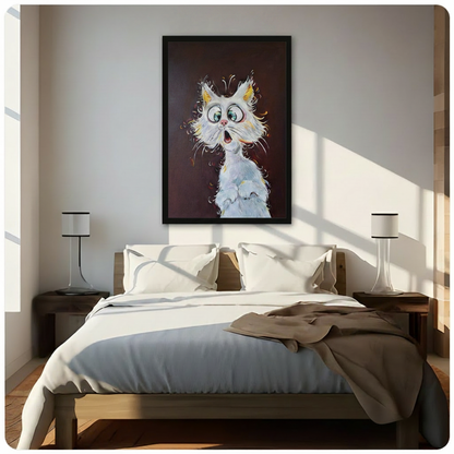 Humorous impasto oil painting of a fluffy white long-haired cat with enormous teal-green cartoon eyes yellow ears a small pink nose and a wide open mouth of surprise its wild unkempt fur bursting outward with warm golden yellow highlights against a rich dark brown-red background funny shocked cat portrait framed wall art print hanging above a modern bedroom bed with white linen bedding, dark wood nightstands, and minimalist white table lamps