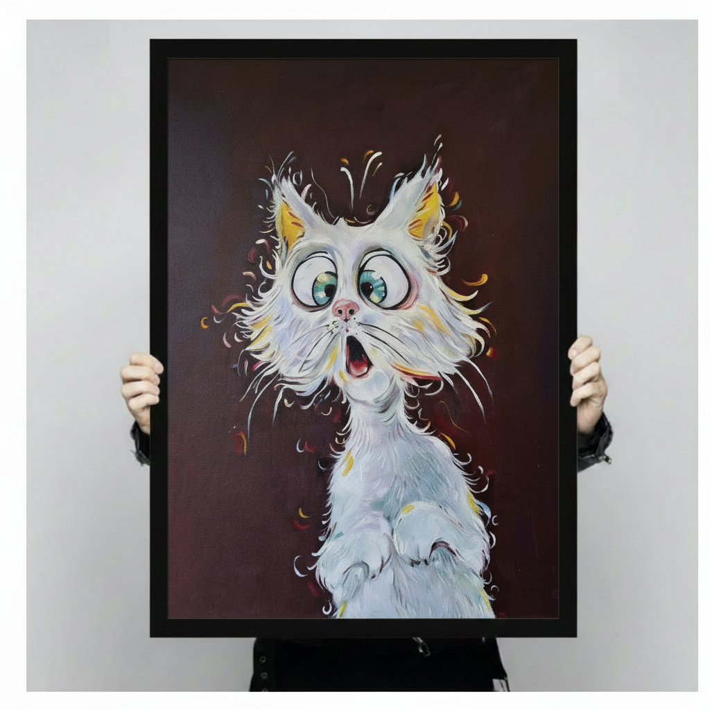 Bold impasto oil painting of a wide-eyed shocked white fluffy cat with oversized round blue-green eyes yellow inner ears pink nose and open mouth its disheveled long white fur radiating outward with golden yellow accent strokes against a deep dark reddish-brown background funny surprised cat art framed wall art print held up for size reference against a light gray neutral background