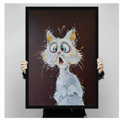 Bold impasto oil painting of a wide-eyed shocked white fluffy cat with oversized round blue-green eyes yellow inner ears pink nose and open mouth its disheveled long white fur radiating outward with golden yellow accent strokes against a deep dark reddish-brown background funny surprised cat art framed wall art print held up for size reference against a light gray neutral background