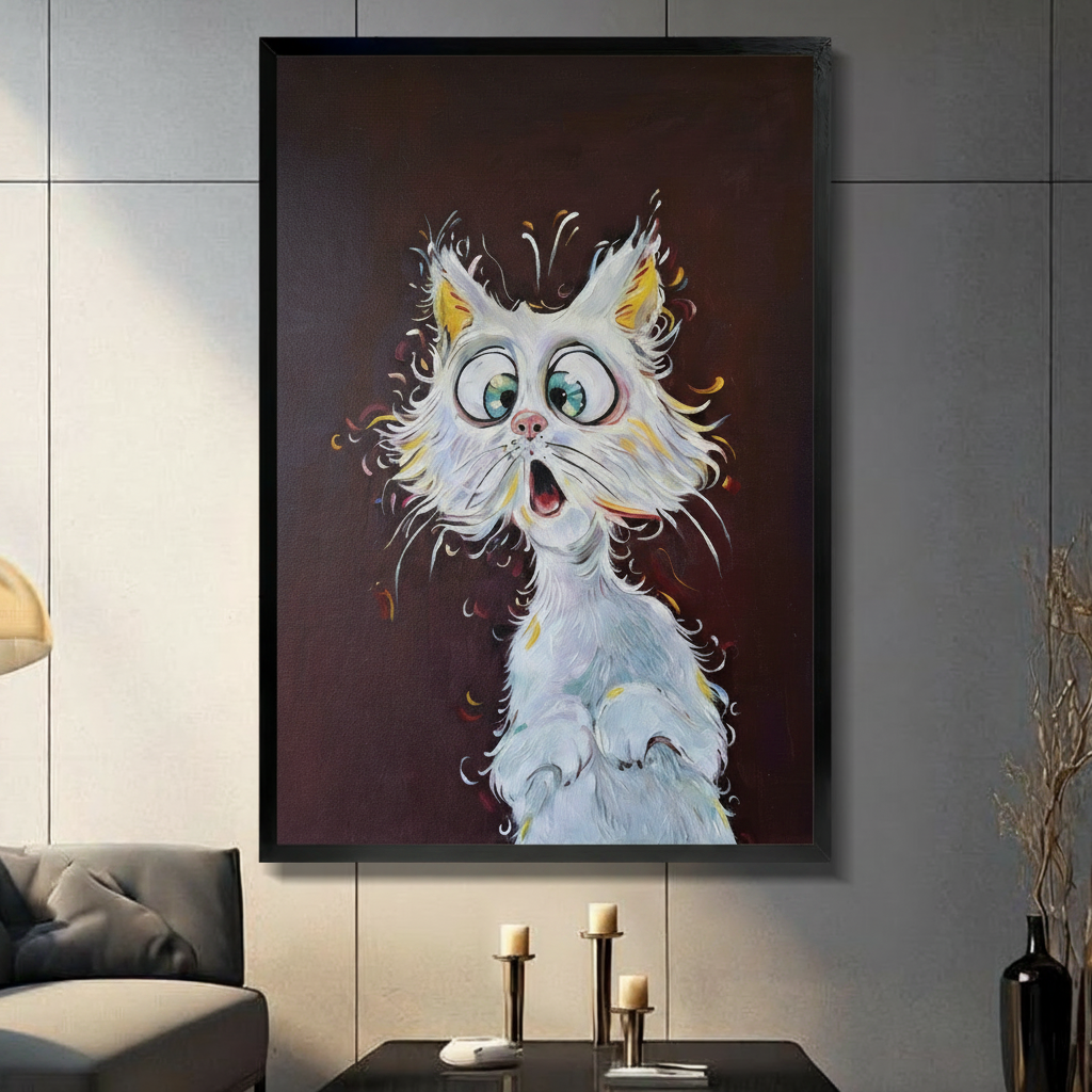Whimsical impasto oil painting of a wide-eyed fluffy white cat with oversized teal-green cartoon eyes yellow inner ears a pink nose and an open mouth expression of pure shock its wild disheveled fur radiating outward with golden yellow highlights against a deep dark brown-red background funny surprised cat portrait framed wall art print displayed in a living room with dark gray sofa, pillar candle holders, and black decorative vase