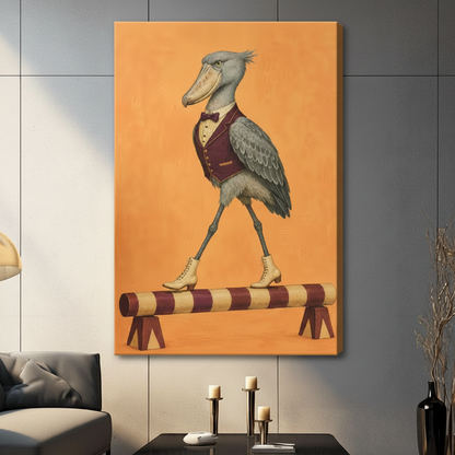 Gallery wrap stretched canvas of a dapper shoebill bird wearing a burgundy waistcoat bow tie and lace-up boots walking on a red and yellow striped circus log hung frameless on a gray wall above a dark sofa