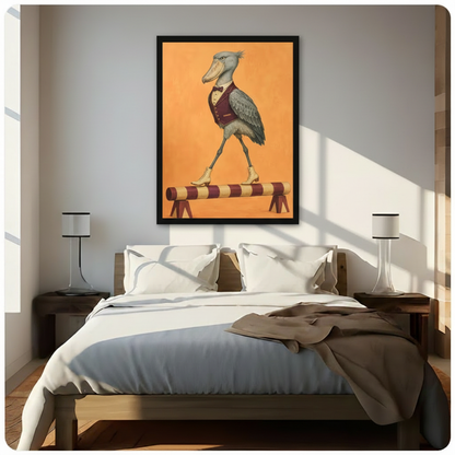 Black framed retro Victorian shoebill stork circus performer canvas wall art with golden orange background hung above a dark wood bed with white and beige linen bedding in a sunlit minimalist bedroom with white table lamps
