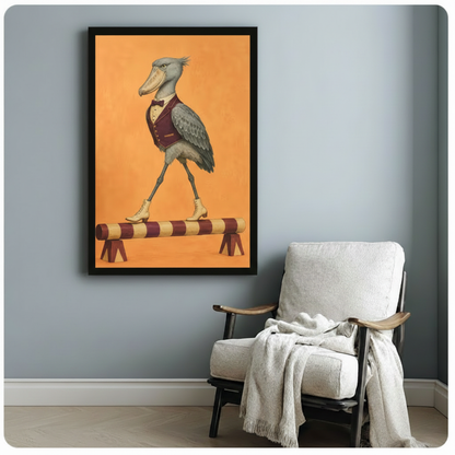 Black framed whimsical Victorian circus shoebill stork gentleman canvas print with warm amber background hung on a soft blue-gray wall beside a white upholstered armchair with a cream knit throw blanket