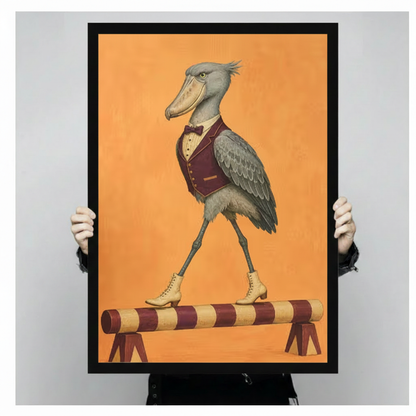 Hands in black sleeves holding a large black framed vintage circus shoebill bird in burgundy vest and lace-up boots canvas art print with warm orange background, front-facing vertical product size display