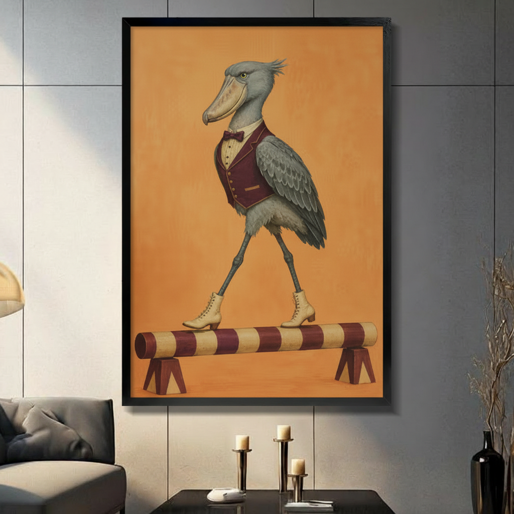  Black framed vintage circus shoebill stork in burgundy vest and bow tie balancing on striped log canvas wall art with warm orange background displayed in a modern gray living room with dark sofa and candlesticks