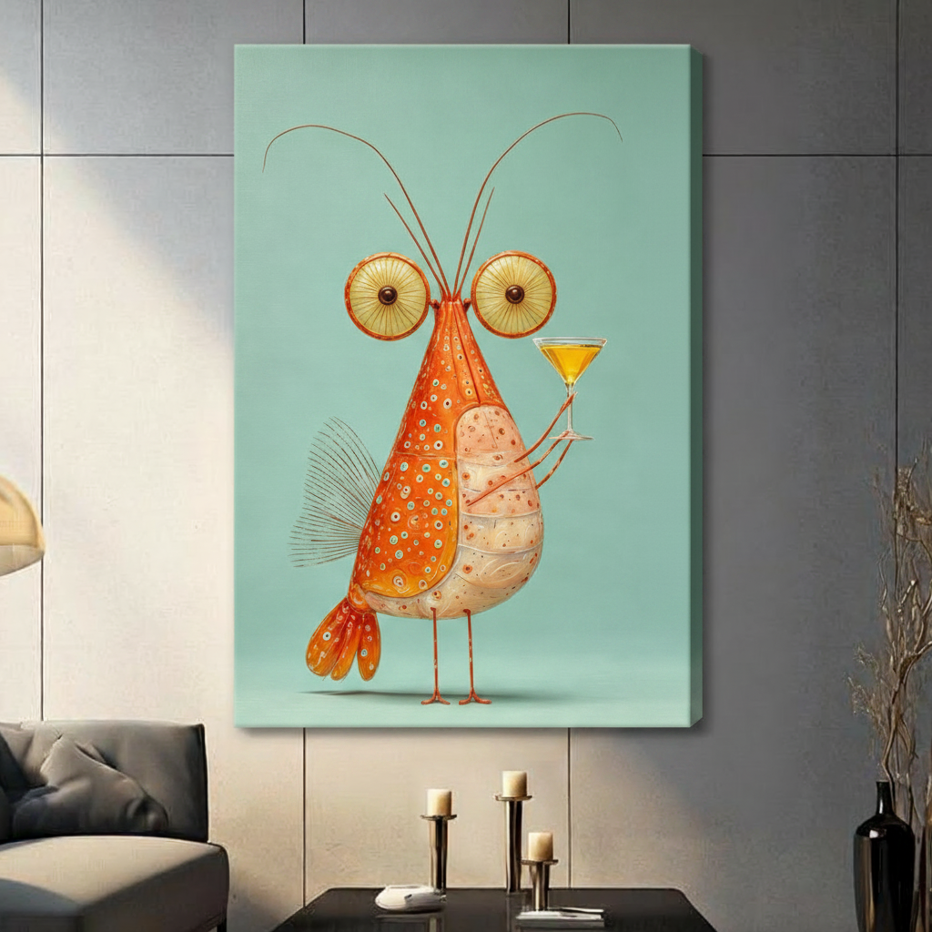 Whimsical realist illustration of a quirky orange shrimp character with oversized yellow-green eyes multiple antennae spotted cone-shaped head pale segmented belly and fan tail raising a yellow martini glass against a flat mint green background funny cocktail wall art stretched canvas in a living room with dark gray panel wall dark sofa and black vase