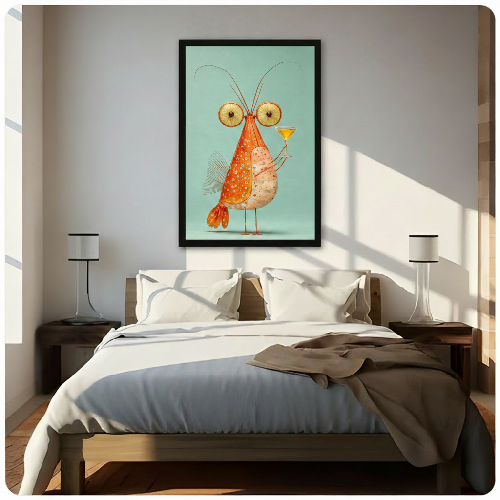 Whimsical illustration of a quirky orange shrimp character with oversized round eyes multiple antennae polka-dot cone head segmented pale belly and fan tail casually holding a martini glass against a mint green background funny cocktail wall art framed print above a bedroom with white linen bedding dark wood bed frame and white table lamps