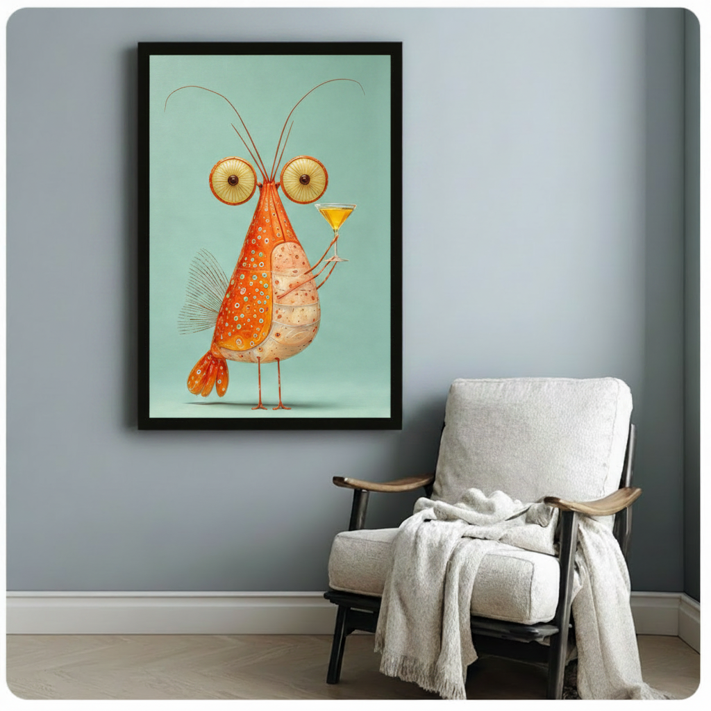Whimsical illustration of a fantastical orange shrimp with large round eyes brown antennae polka-dot body fan tail and long thin legs holding a cocktail glass against a mint green background quirky seafood wall art framed print beside a white linen armchair on a blue gray wall