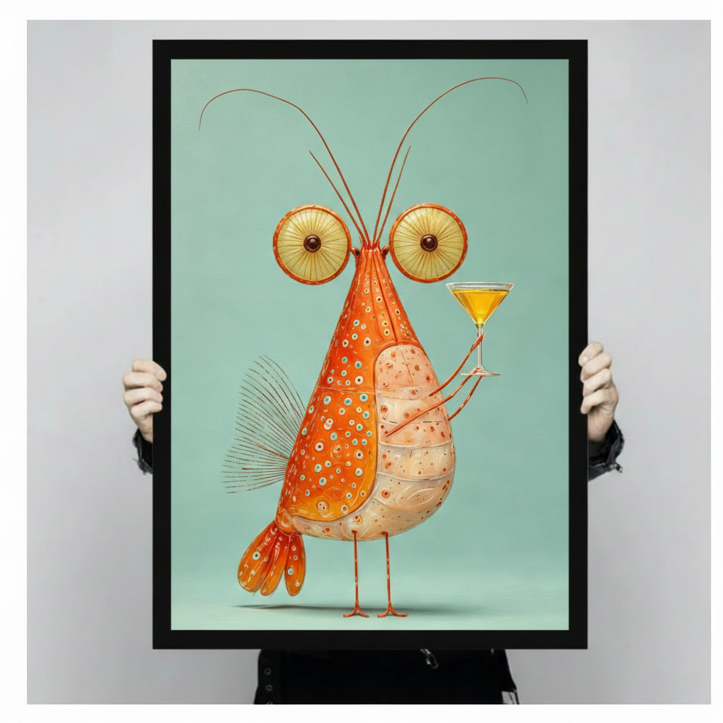 Whimsical realist illustration of a surreal orange shrimp creature with huge textured eyes long antennae spotted body pale segmented abdomen and fan tail holding a yellow martini glass against a mint green background funny seafood cocktail wall art framed print held against a light gray background