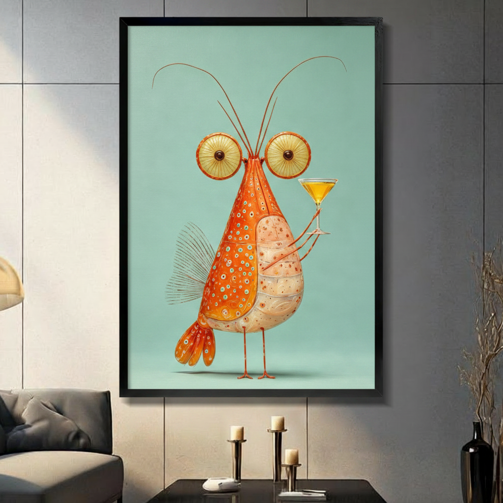 Whimsical illustration of a fantastical orange shrimp creature with huge round eyes long thin antennae polka-dot body segmented belly and fan tail holding a martini glass against a mint green background funny seafood cocktail wall art framed print in a living room with dark gray panel wall dark sofa and black vase