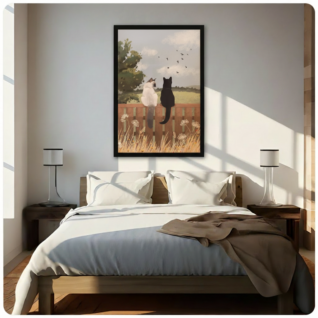 Siamese and black cat on fence framed canvas displayed above bed in sunlit neutral bedroom - dreamy pastoral countryside cat wall art for cozy bedroom decor