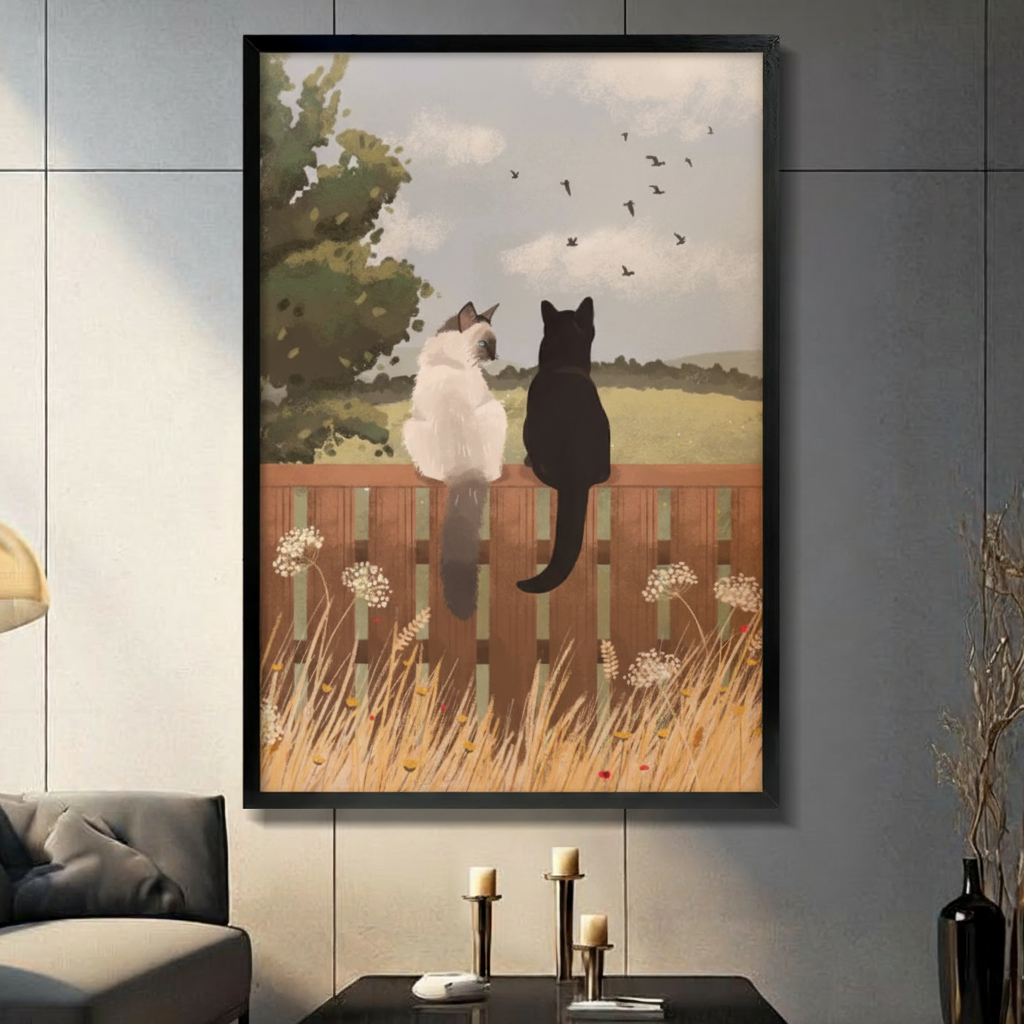 Siamese and black cat sitting together on wooden fence watching birds fly over golden countryside framed wall art - pastoral oil painting canvas print for living room decor