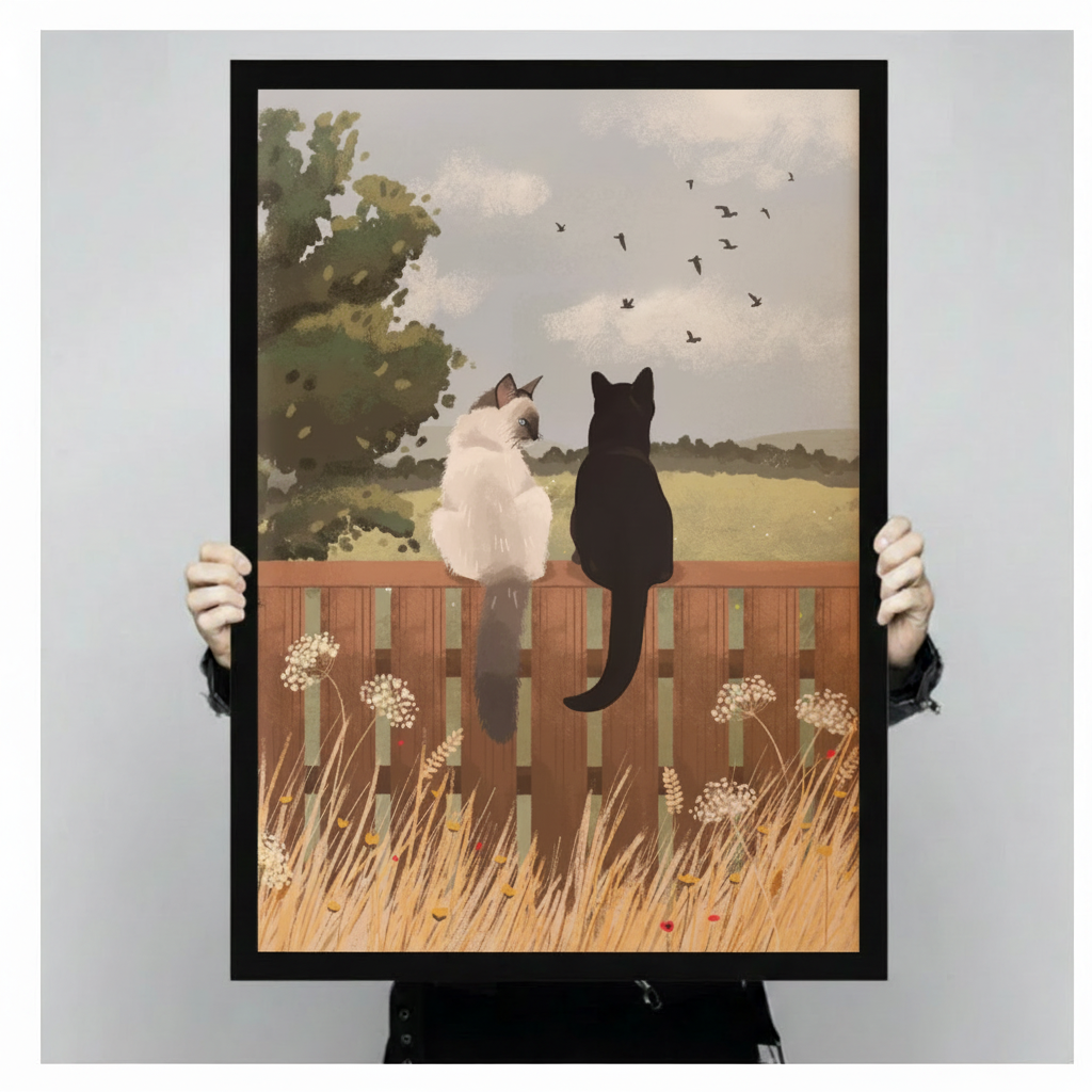 Hands holding large framed two cats on fence canvas print - full artwork detail of Siamese and black cat watching birds over golden countryside with white wildflowers
