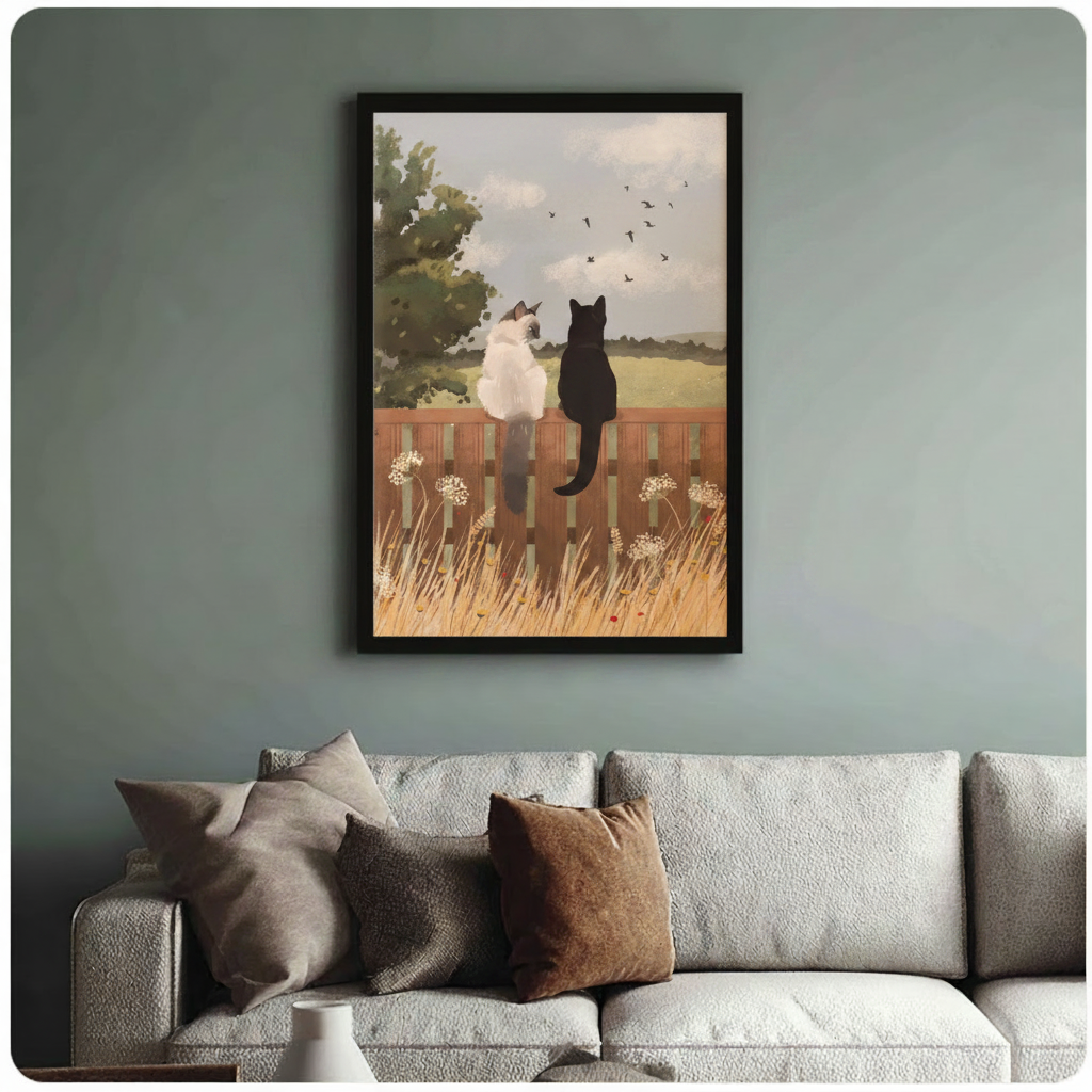 siamese-black-cat-fence-countryside-birds-framed-canvas-sage-grey-sofa