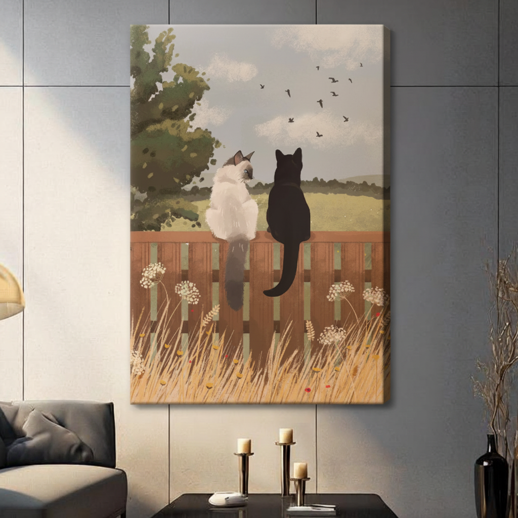 Unframed Siamese and black cat on fence canvas print - charming pastoral countryside scene with golden wheat field white wildflowers and flock of birds for modern home decor