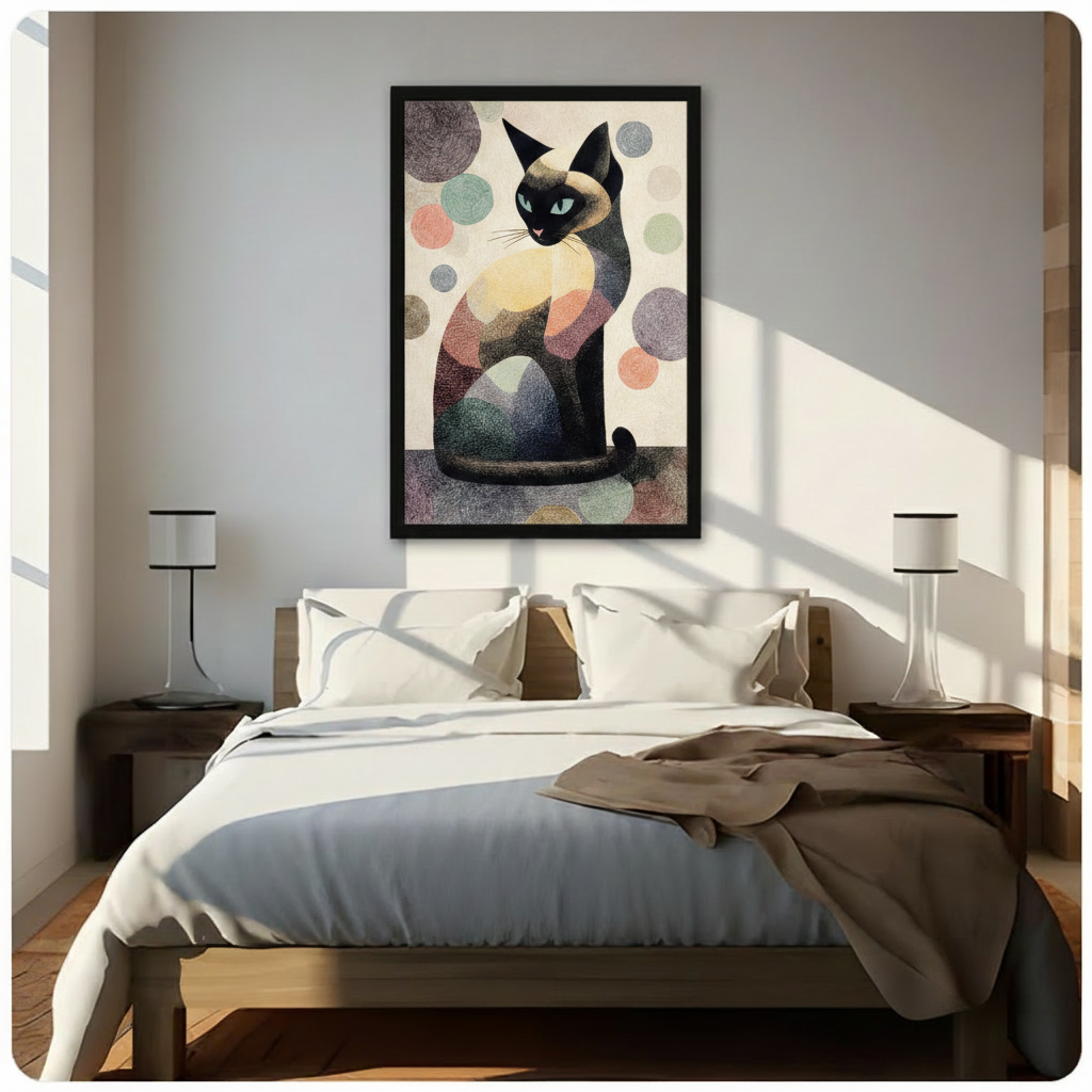 Abstract Siamese cat wall art in styled American home — premium boho canvas print for modern interior decor