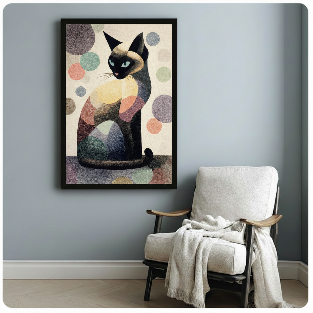 Boho Siamese cat canvas print with pastel circles — premium abstract wall art for eclectic American home