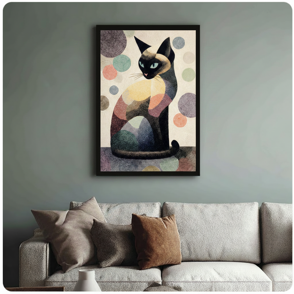 	Mid-century modern Siamese cat canvas print — abstract polka dot art for contemporary American living room