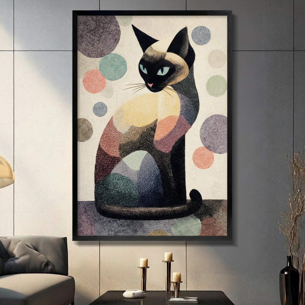 Abstract Siamese cat framed canvas wall art — boho pastel polka dot illustration print for living room decor