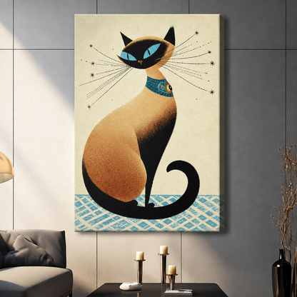 Mid-century retro illustration of a seated Siamese cat with vivid blue eyes dramatic whiskers with star tips and a decorative teal jewelled collar on a cream background with a blue diamond-patterned floor cat wall art stretched canvas dark panel wall living room