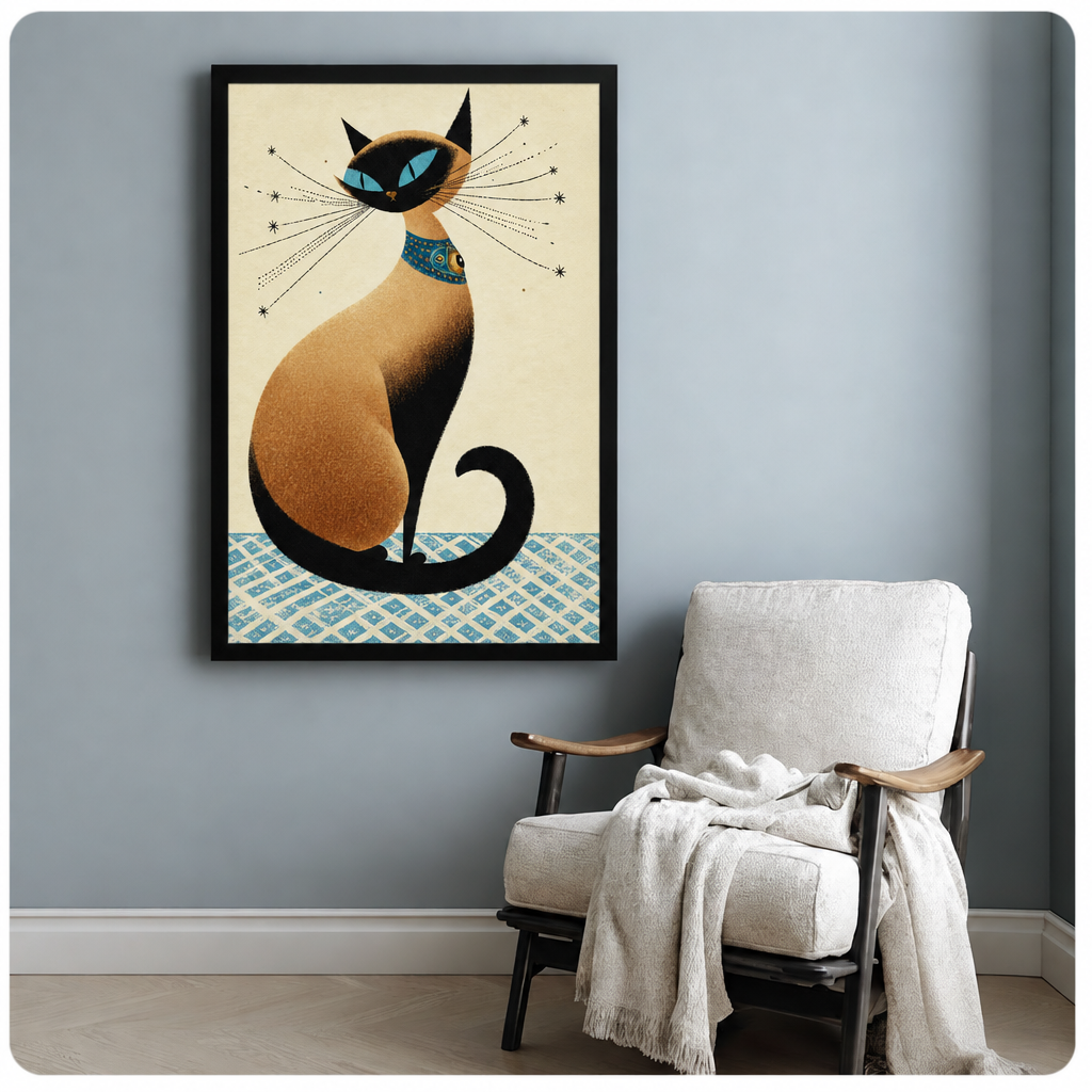 Mid-century retro illustration of a seated Siamese cat with vivid blue eyes dramatic whiskers with star tips and a decorative teal jewelled collar on a cream background with a blue diamond-patterned floor cat wall art framed print beside armchair blue-gray wall