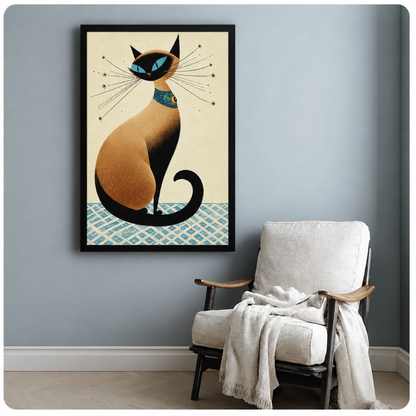 Mid-century retro illustration of a seated Siamese cat with vivid blue eyes dramatic whiskers with star tips and a decorative teal jewelled collar on a cream background with a blue diamond-patterned floor cat wall art framed print beside armchair blue-gray wall