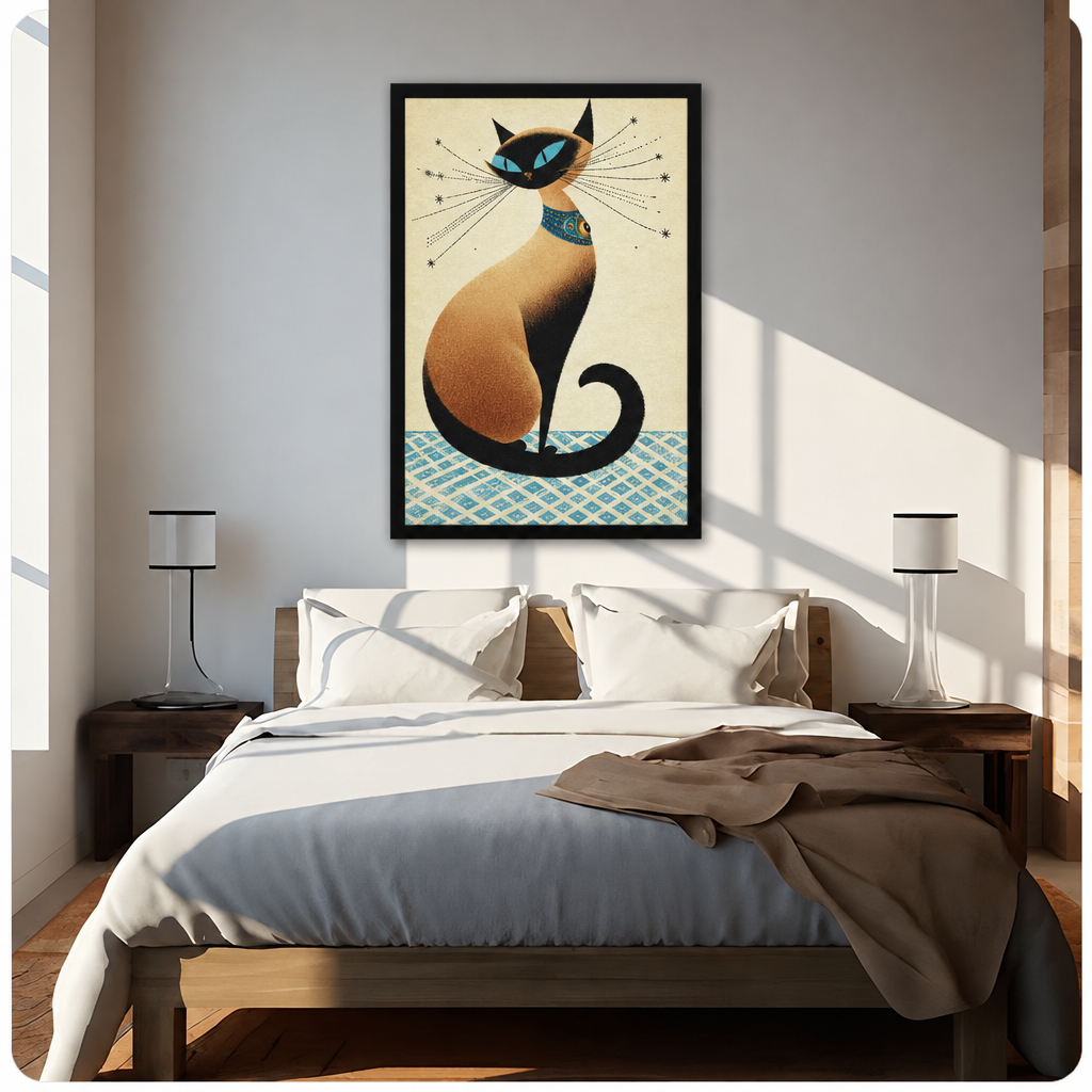 Mid-century retro illustration of a seated Siamese cat with vivid blue eyes dramatic whiskers with star tips and a decorative teal jewelled collar on a cream background with a blue diamond-patterned floor cat wall art framed print above bed sunlit bedroom