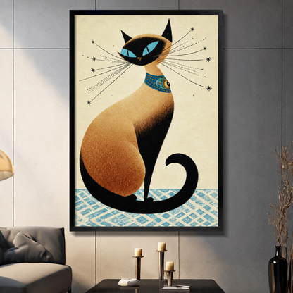 Mid-century retro illustration of a seated Siamese cat with vivid blue eyes dramatic whiskers with star tips and a decorative teal jewelled collar on a cream background with a blue diamond-patterned floor cat wall art framed print dark panel wall living room