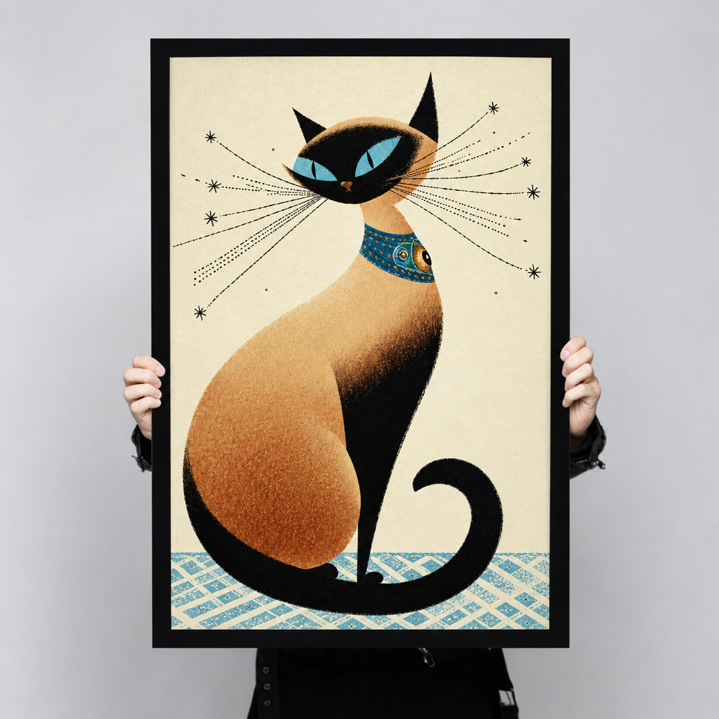 Mid-century retro illustration of a seated Siamese cat with vivid blue eyes dramatic whiskers with star tips and a decorative teal jewelled collar on a cream background with a blue diamond-patterned floor cat wall art framed print held up