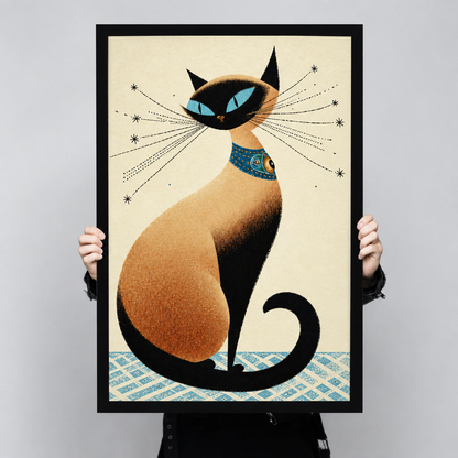 Mid-century retro illustration of a seated Siamese cat with vivid blue eyes dramatic whiskers with star tips and a decorative teal jewelled collar on a cream background with a blue diamond-patterned floor cat wall art framed print held up