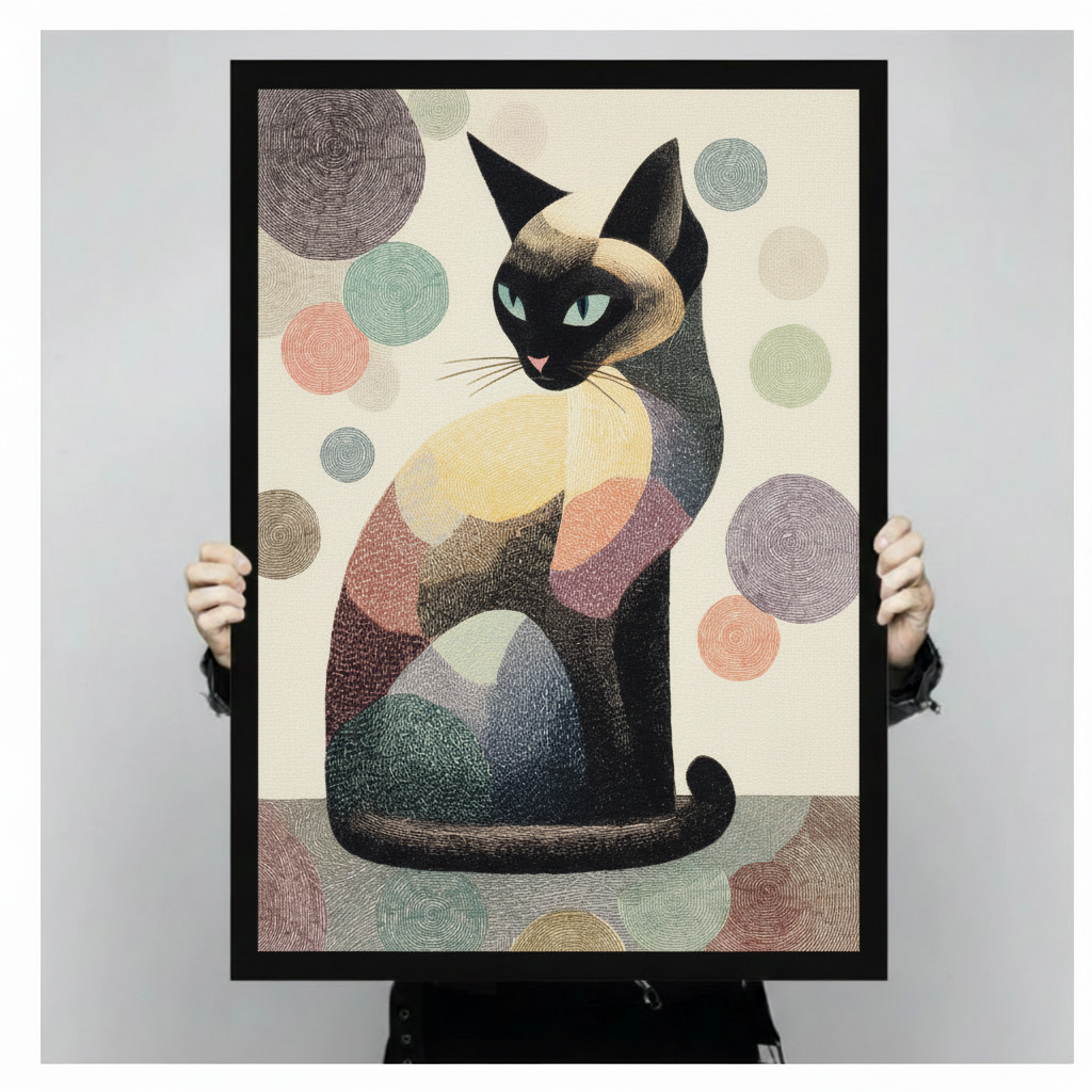Siamese cat boho canvas wall art — pastel abstract illustration print for cat lover gift and gallery wall