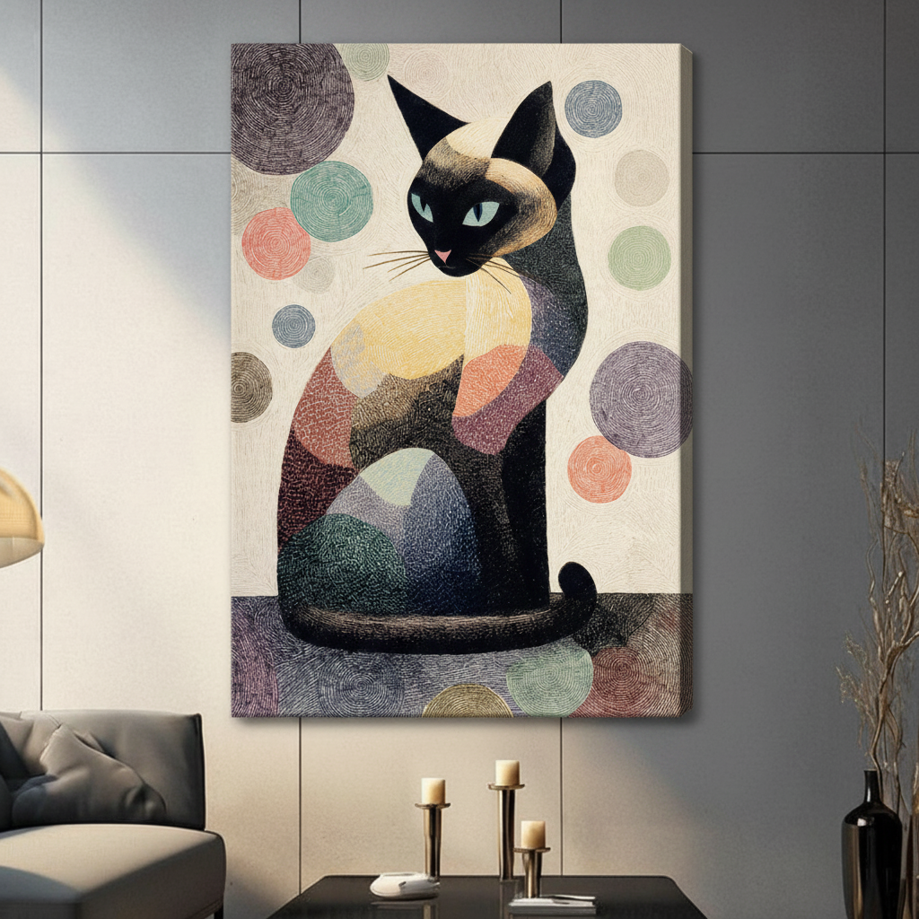 Siamese cat stretched canvas print — mid-century modern abstract art for bedroom and home office wall decor