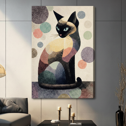 Siamese cat stretched canvas print — mid-century modern abstract art for bedroom and home office wall decor
