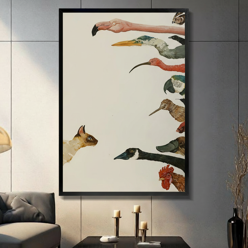 Siamese cat facing a row of exotic bird heads vintage natural history illustration canvas in black frame on dark grey panel wall – flamingo pelican ibis owl rooster eclectic wall art for living room