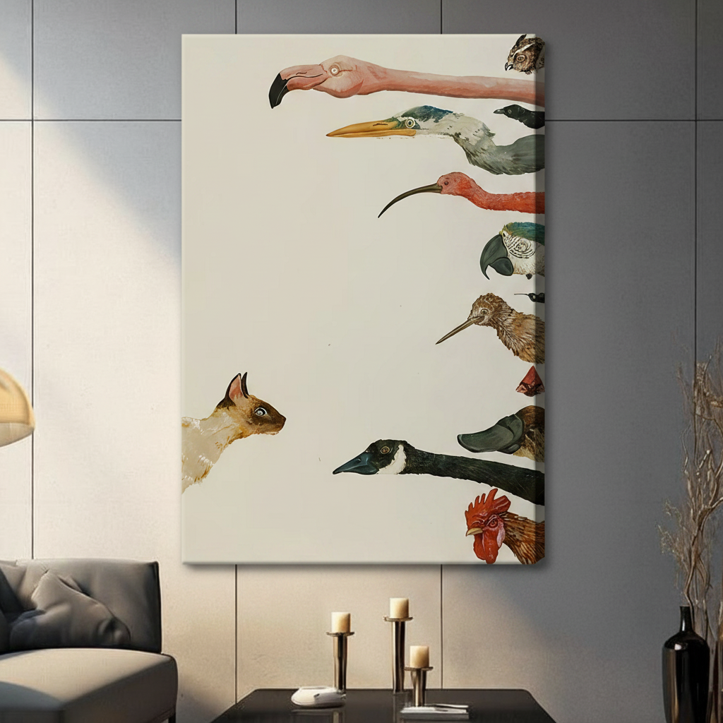 Frameless Siamese cat confronting exotic birds vintage natural history illustration canvas on dark grey panel wall – eclectic flamingo owl rooster bird collection print for contemporary living room