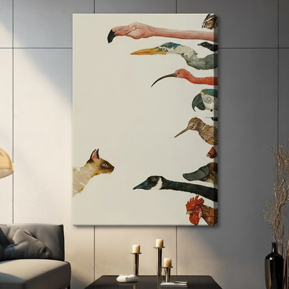 Frameless Siamese cat confronting exotic birds vintage natural history illustration canvas on dark grey panel wall – eclectic flamingo owl rooster bird collection print for contemporary living room