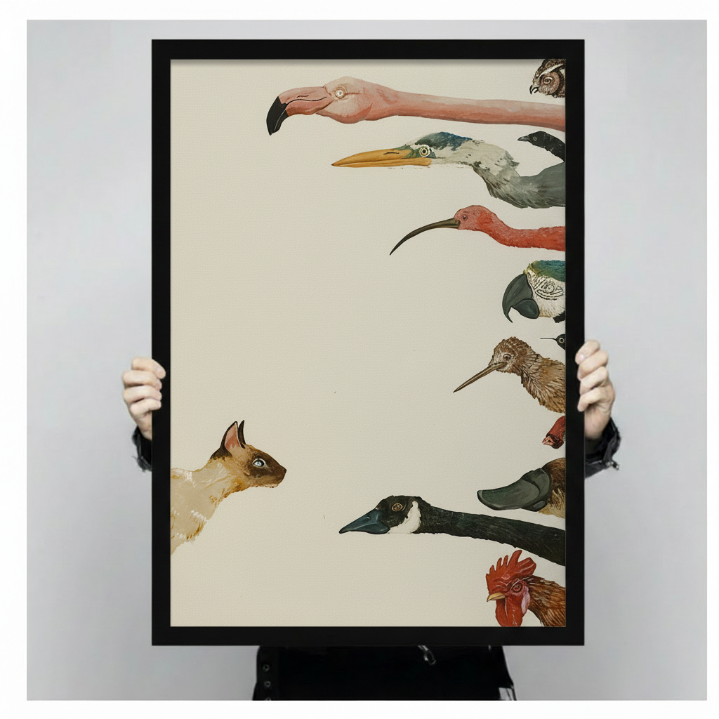 Hands holding framed Siamese cat vs exotic birds vintage natural history illustration canvas – flamingo pelican ibis owl rooster eclectic bird wall art size reference display